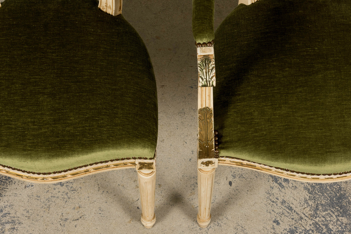 Antique French Louis XVI Style Dining Chairs in Olive Green Velvet - Set of 8