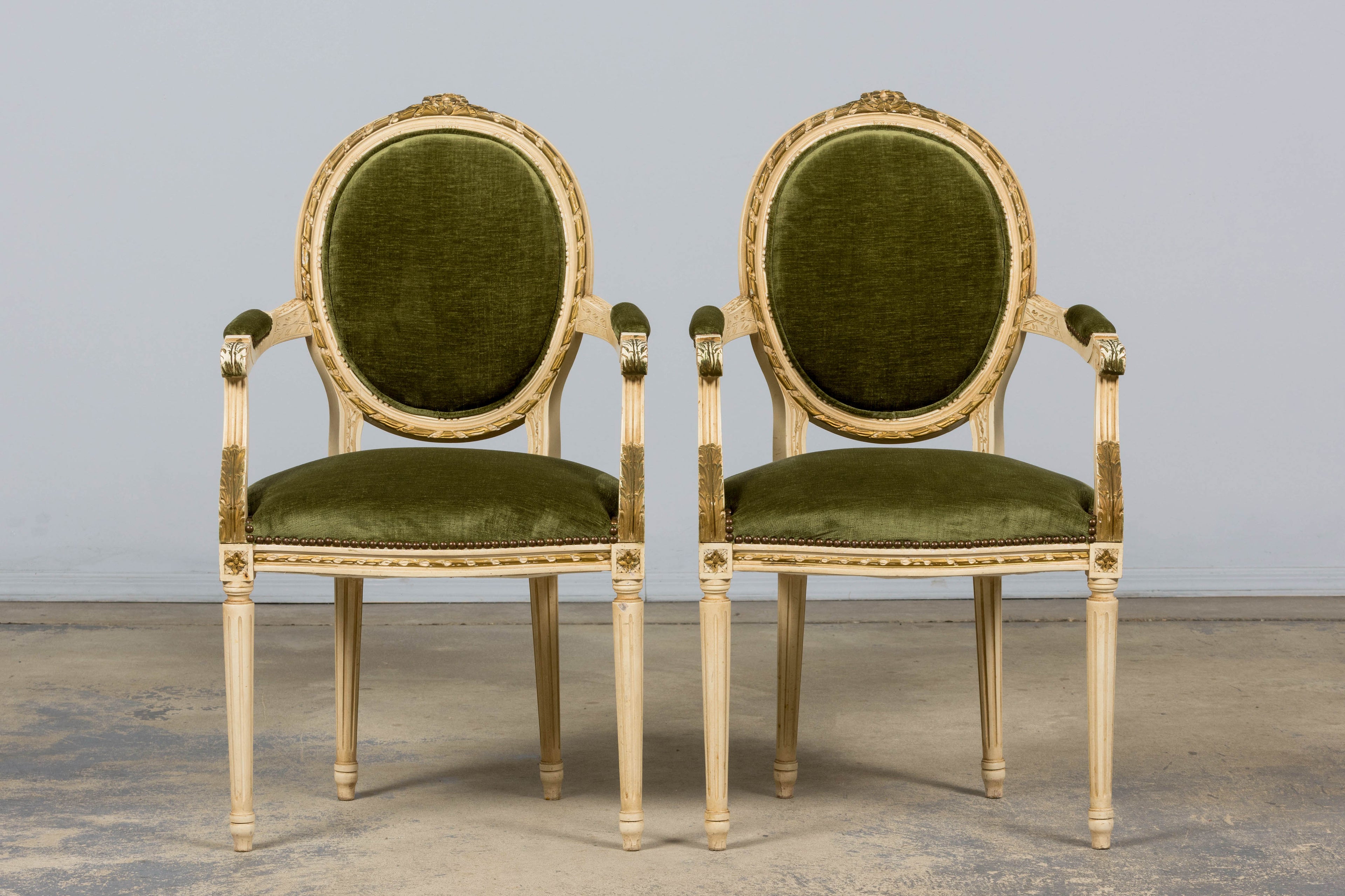 ON HOLD Antique French Louis XVI Style Dining Chairs in Olive Green Velvet - Set of 8