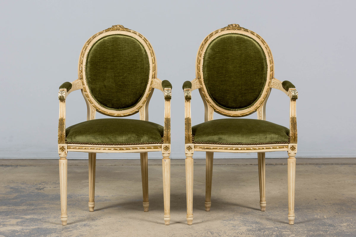 Antique French Louis XVI Style Dining Chairs in Olive Green Velvet - Set of 8