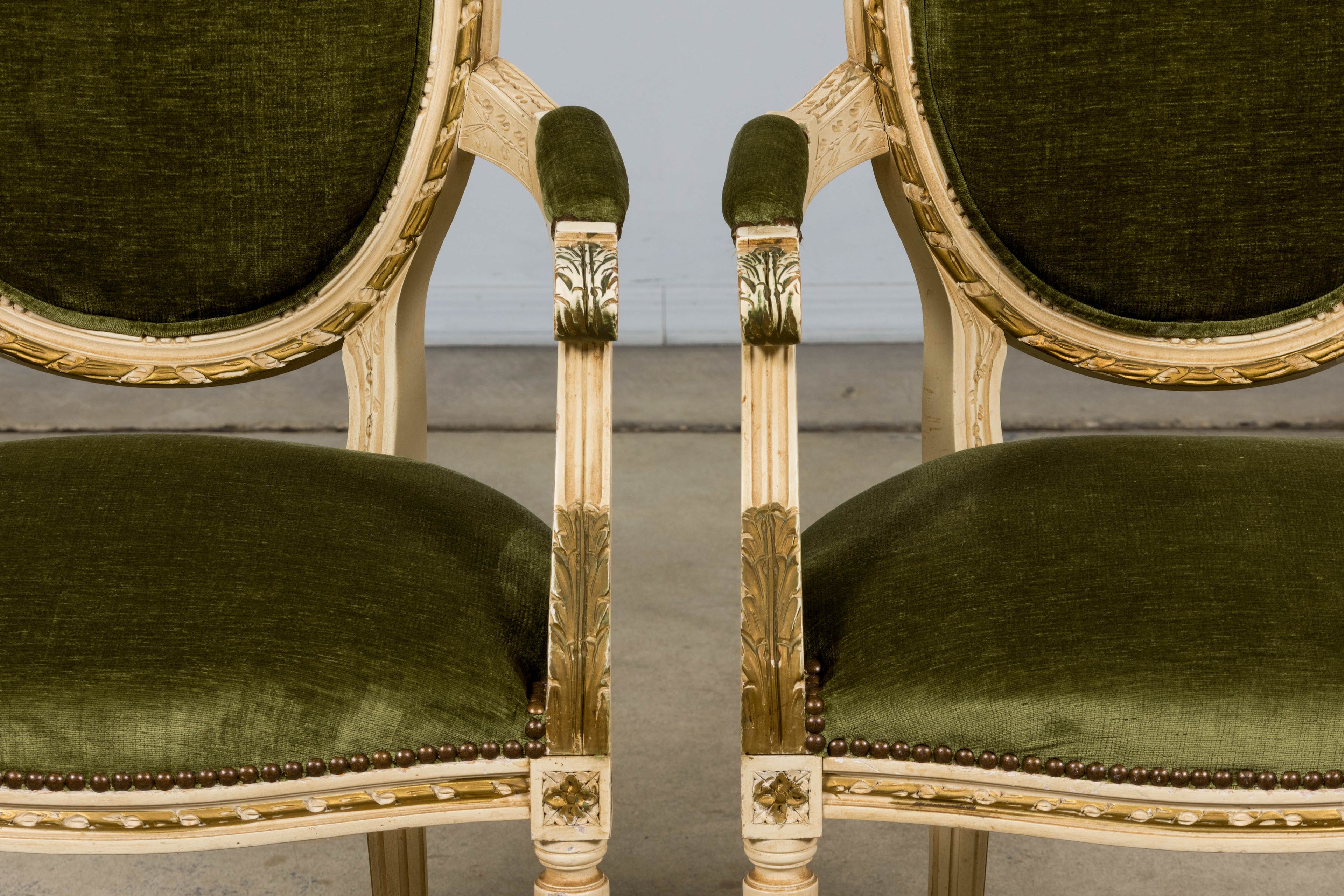 ON HOLD Antique French Louis XVI Style Dining Chairs in Olive Green Velvet - Set of 8