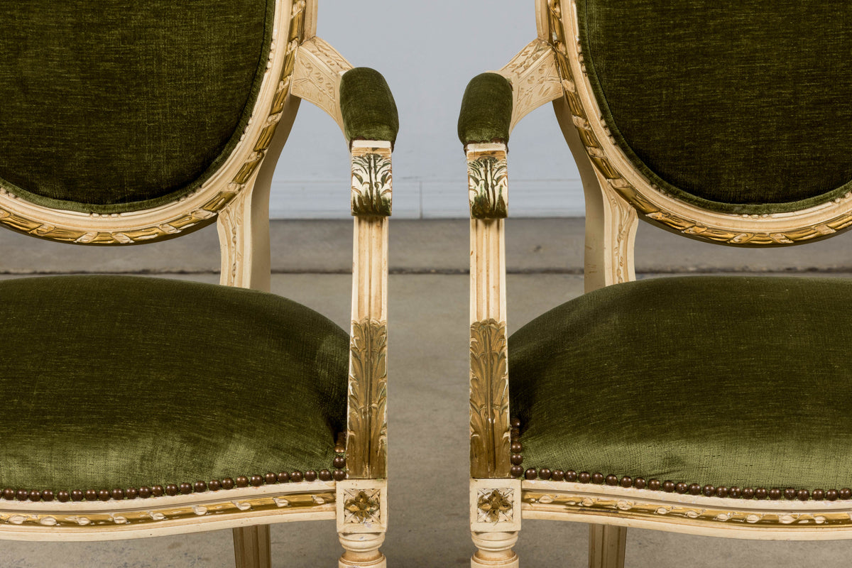 Antique French Louis XVI Style Dining Chairs in Olive Green Velvet - Set of 8