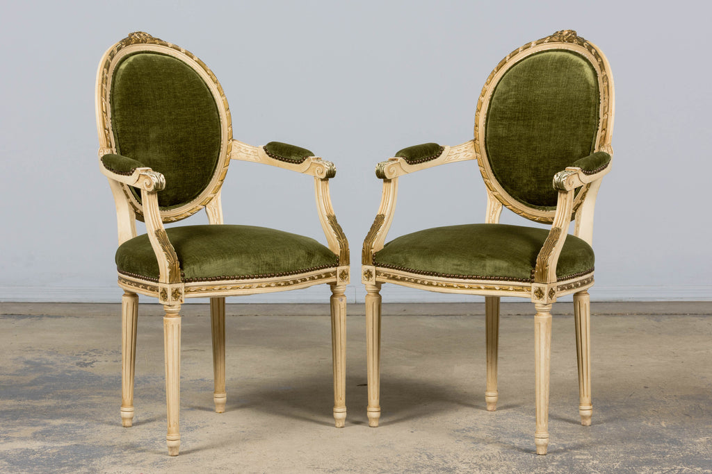 ON HOLD Antique French Louis XVI Style Dining Chairs in Olive Green Velvet - Set of 8