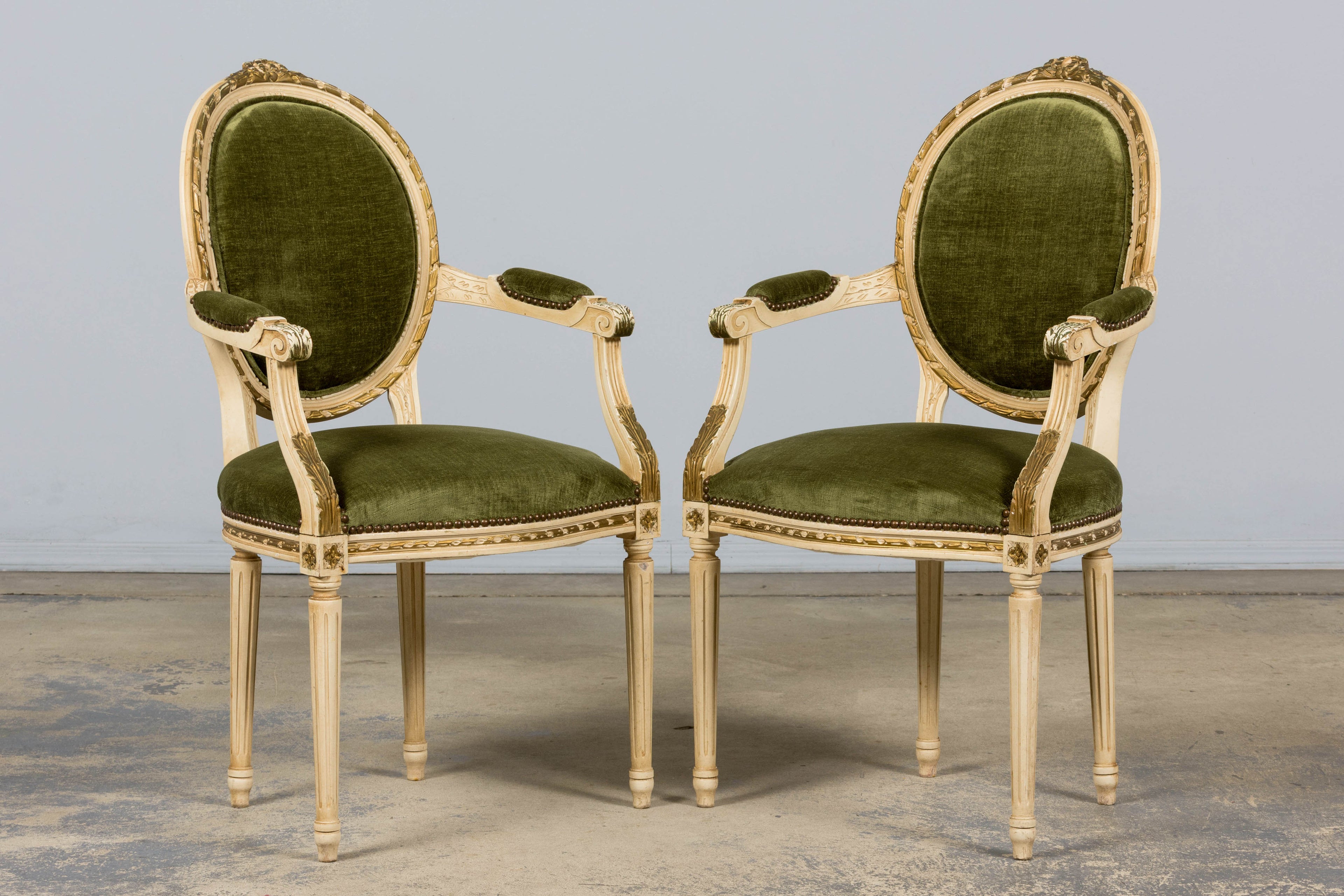 ON HOLD Antique French Louis XVI Style Dining Chairs in Olive Green Velvet - Set of 8
