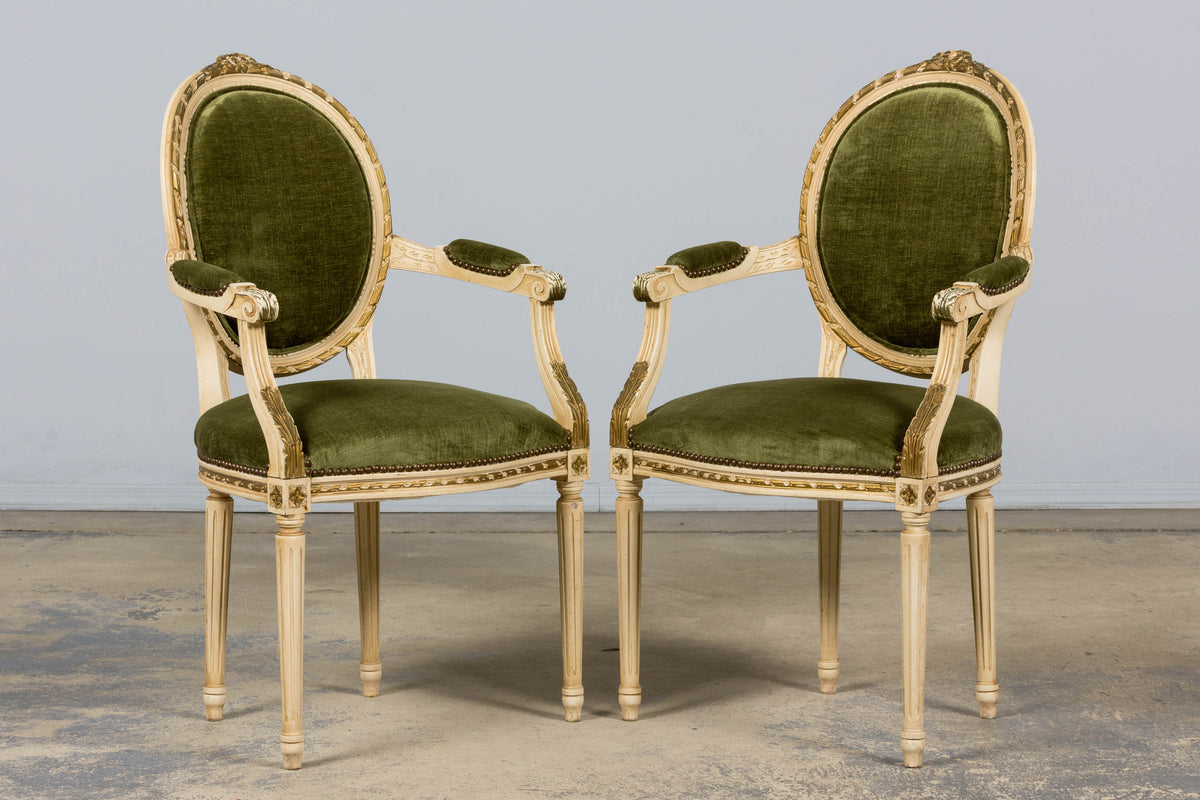 Antique French Louis XVI Style Dining Chairs in Olive Green Velvet - Set of 8