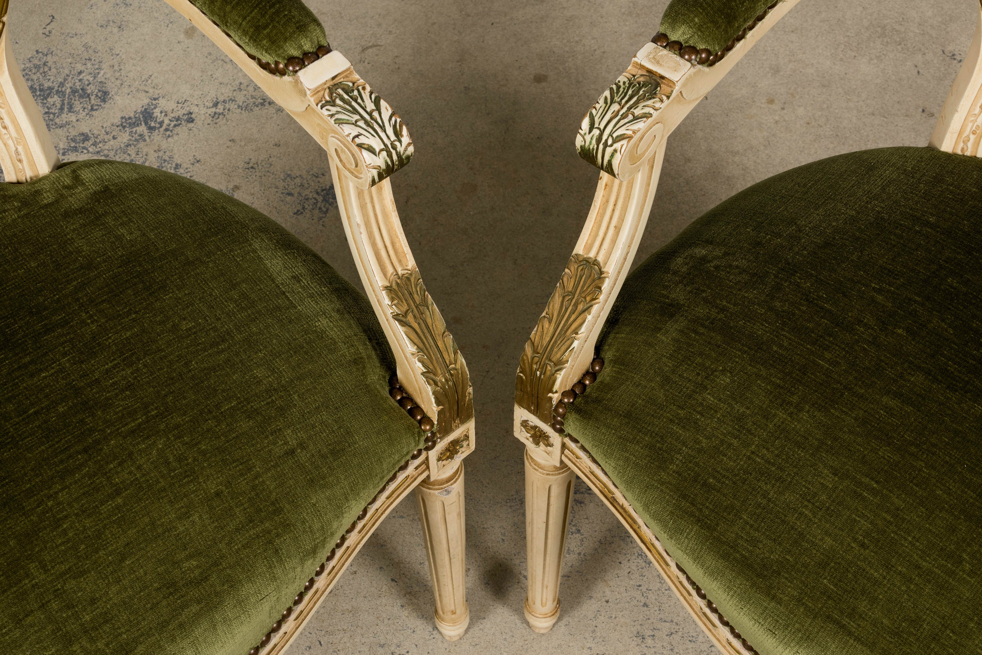 ON HOLD Antique French Louis XVI Style Dining Chairs in Olive Green Velvet - Set of 8