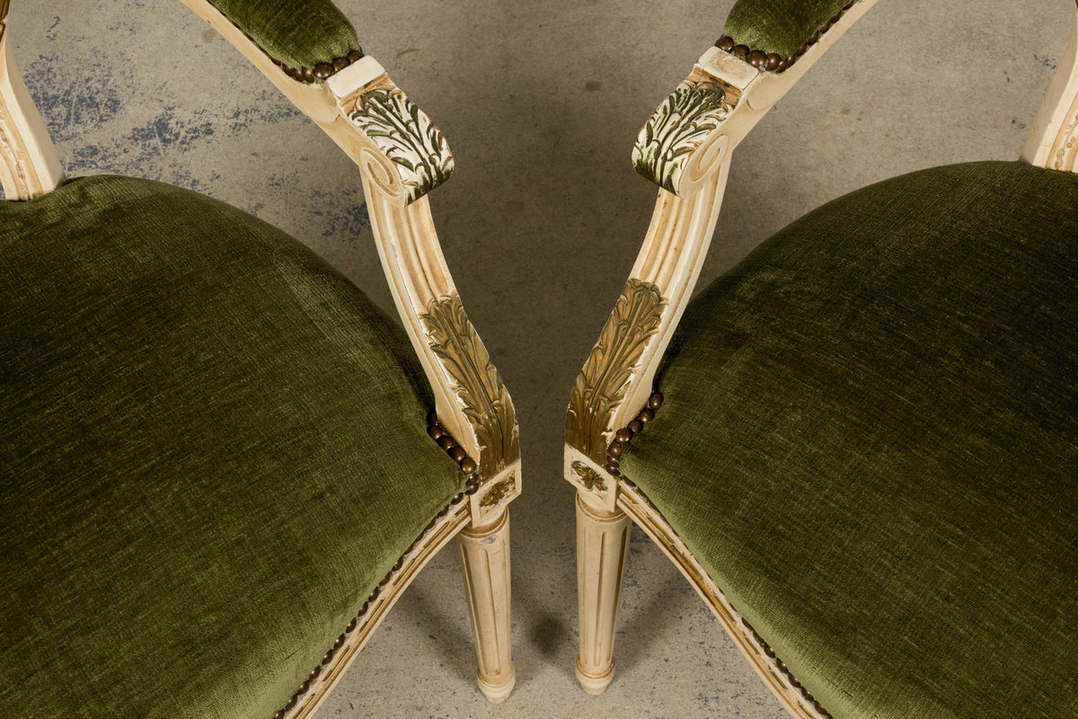 Antique French Louis XVI Style Dining Chairs in Olive Green Velvet - Set of 8