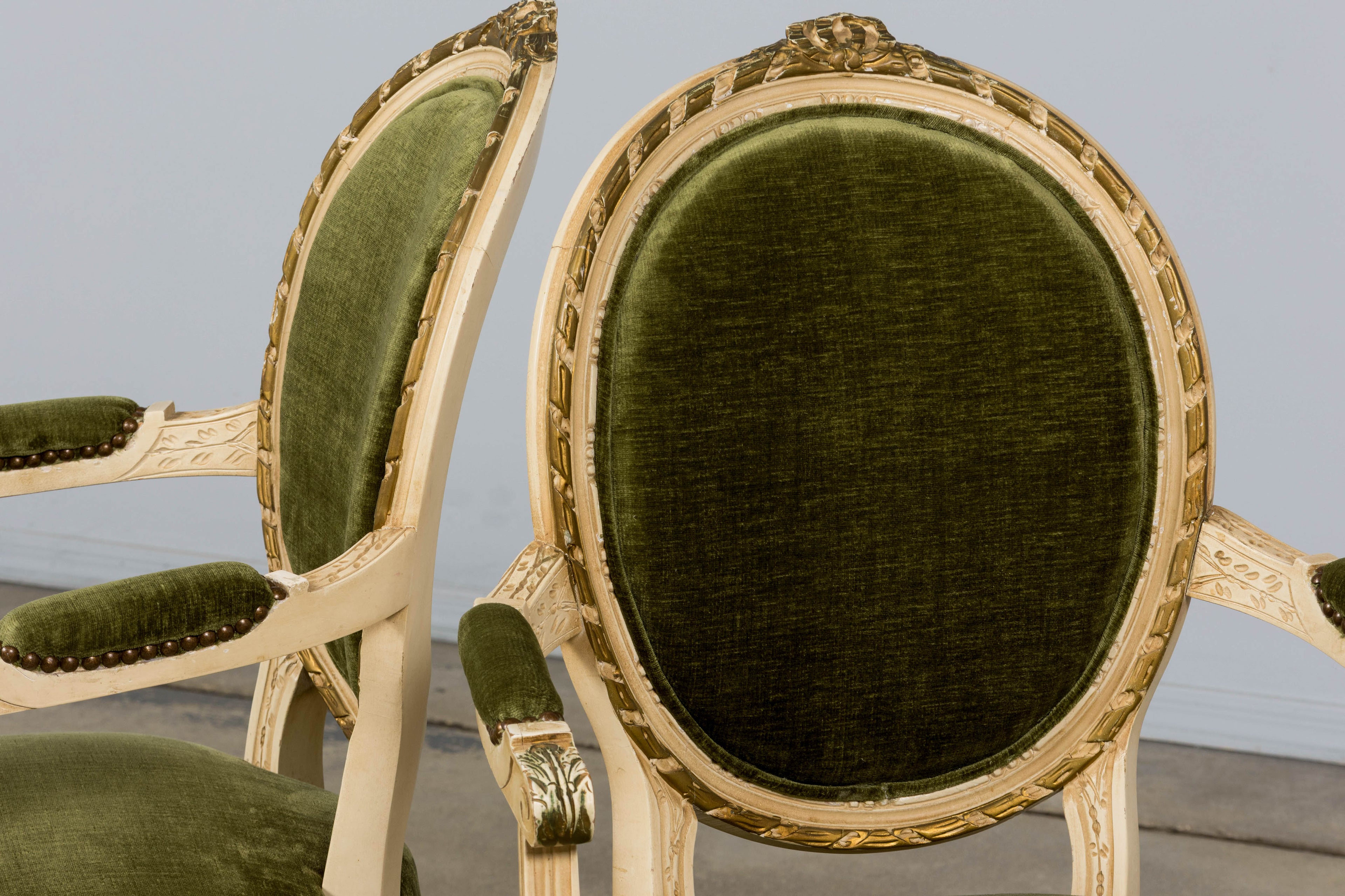 ON HOLD Antique French Louis XVI Style Dining Chairs in Olive Green Velvet - Set of 8