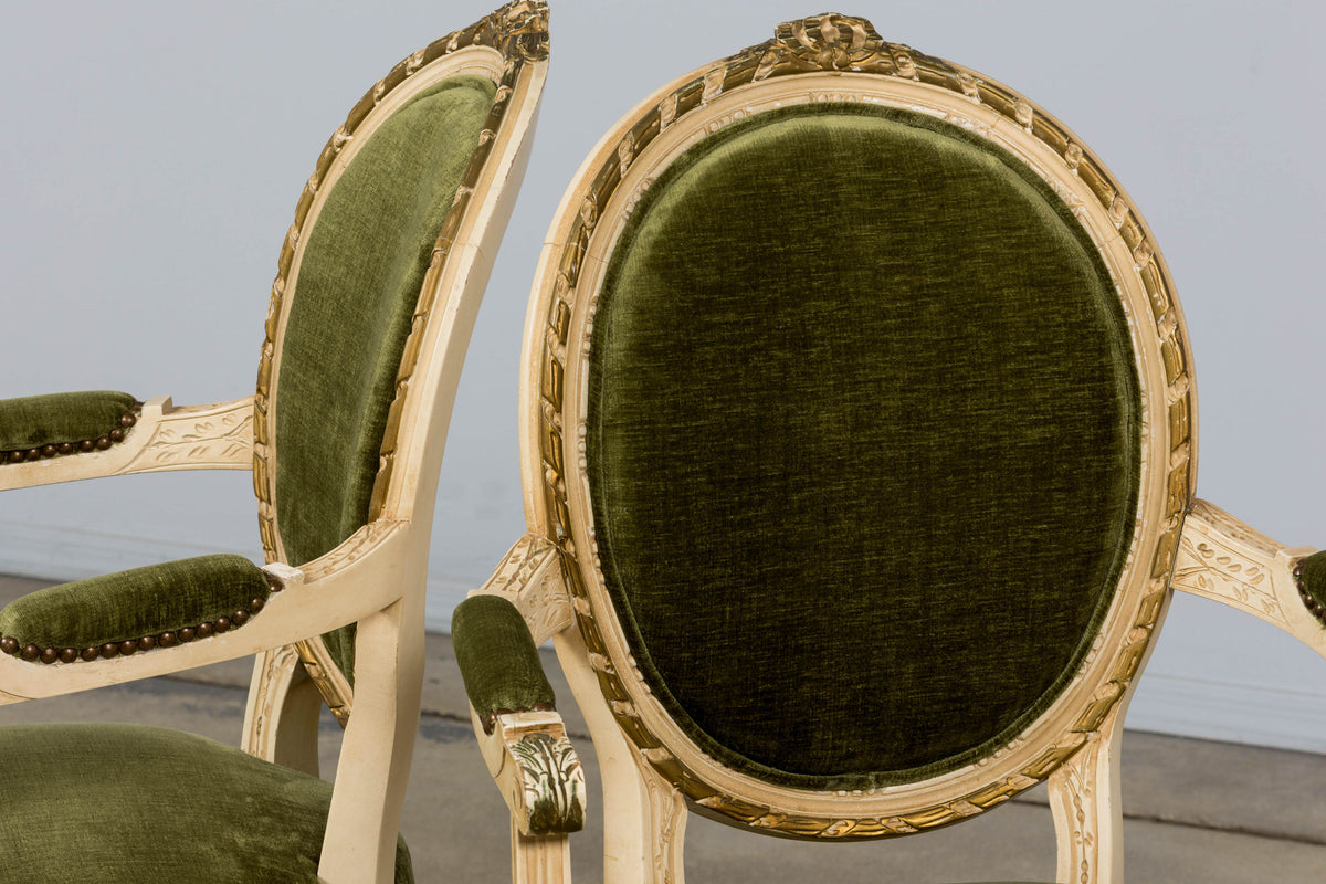 Antique French Louis XVI Style Dining Chairs in Olive Green Velvet - Set of 8