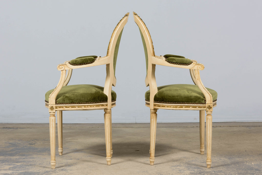ON HOLD Antique French Louis XVI Style Dining Chairs in Olive Green Velvet - Set of 8