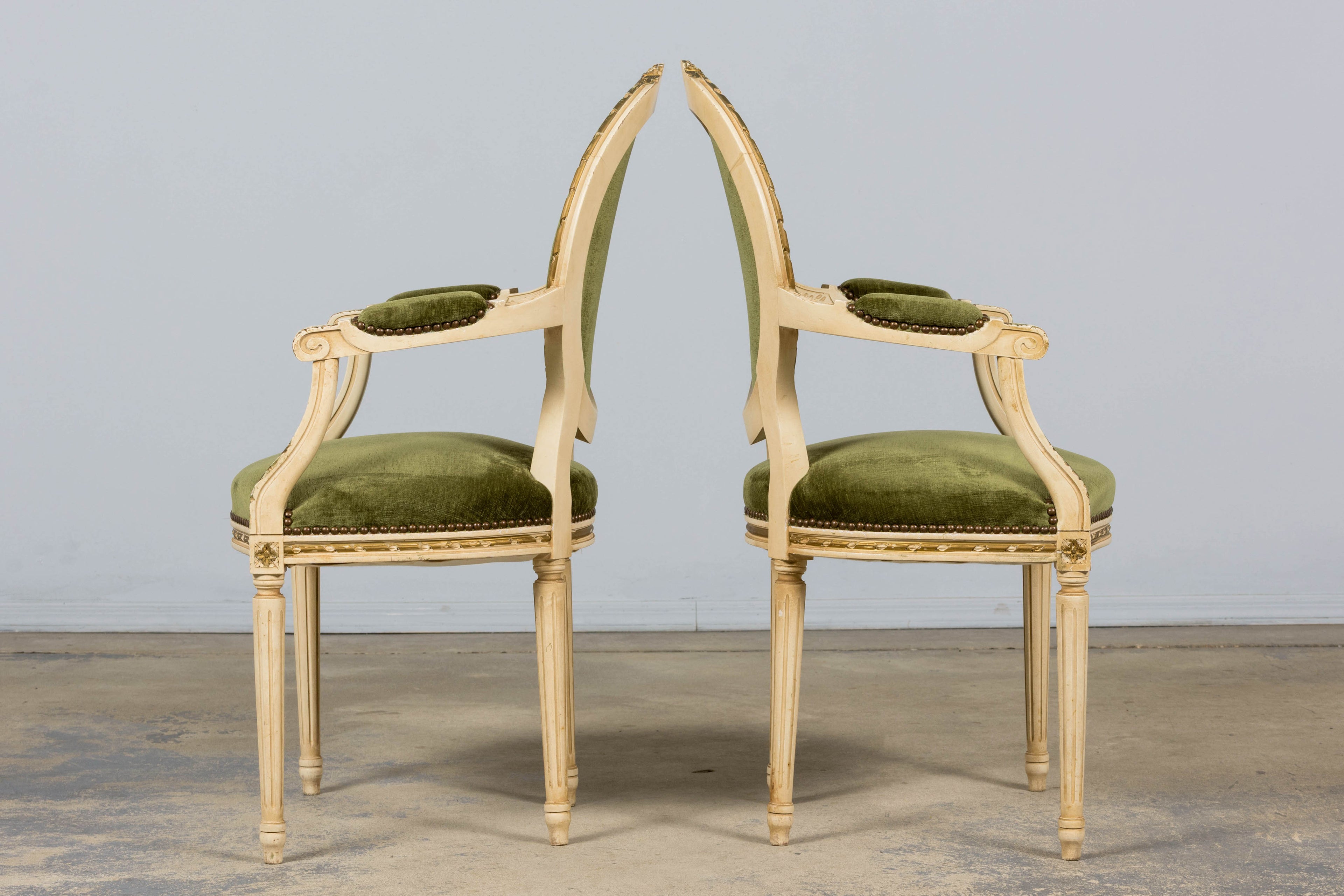 ON HOLD Antique French Louis XVI Style Dining Chairs in Olive Green Velvet - Set of 8