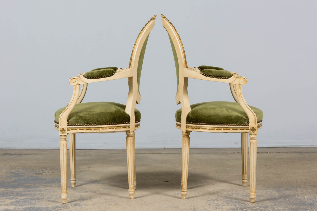 Antique French Louis XVI Style Dining Chairs in Olive Green Velvet - Set of 8