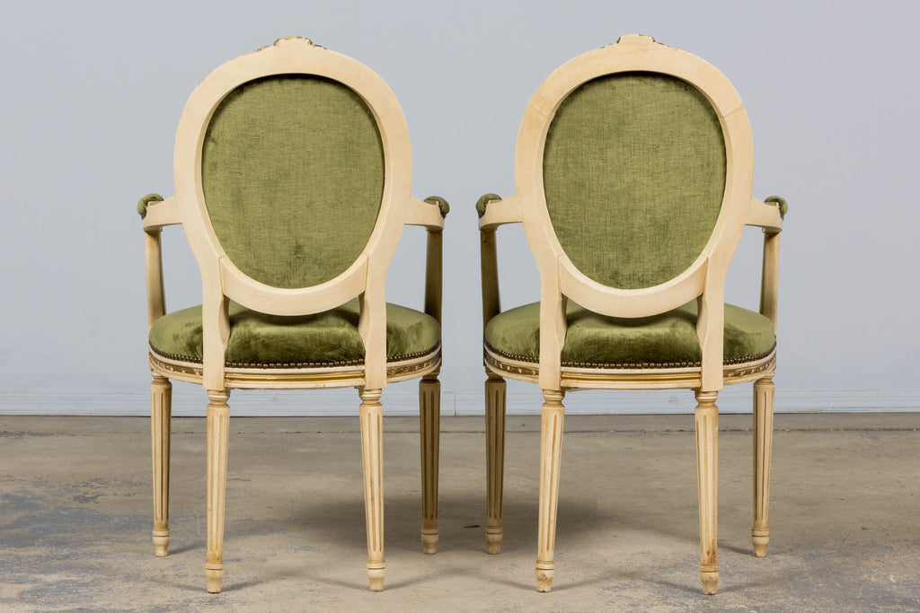 ON HOLD Antique French Louis XVI Style Dining Chairs in Olive Green Velvet - Set of 8