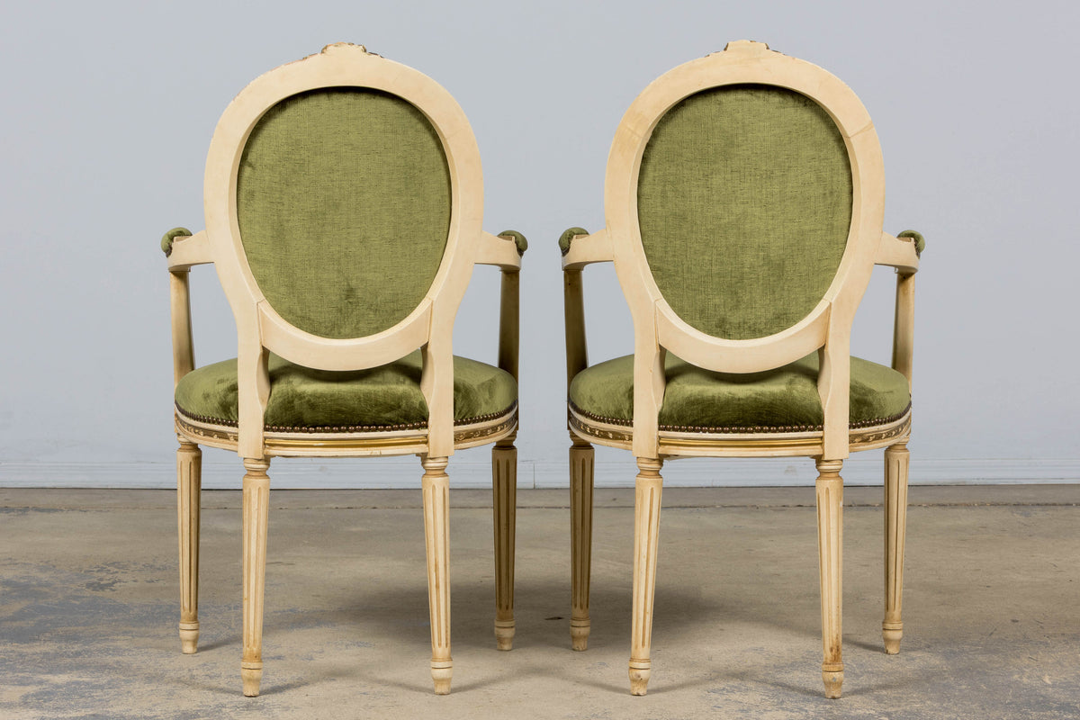 Antique French Louis XVI Style Dining Chairs in Olive Green Velvet - Set of 8