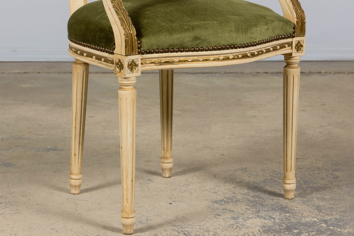 Antique French Louis XVI Style Dining Chairs in Olive Green Velvet - Set of 8
