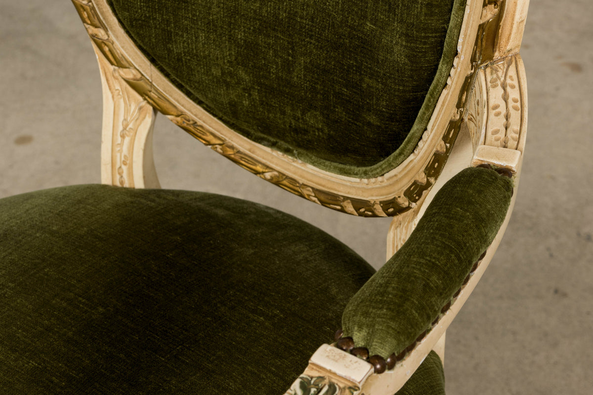 Antique French Louis XVI Style Dining Chairs in Olive Green Velvet - Set of 8