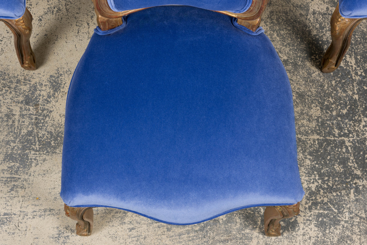 Antique French Louis XV Style Giltwood Dining Chairs in Cobalt Blue Velvet - Set of 6