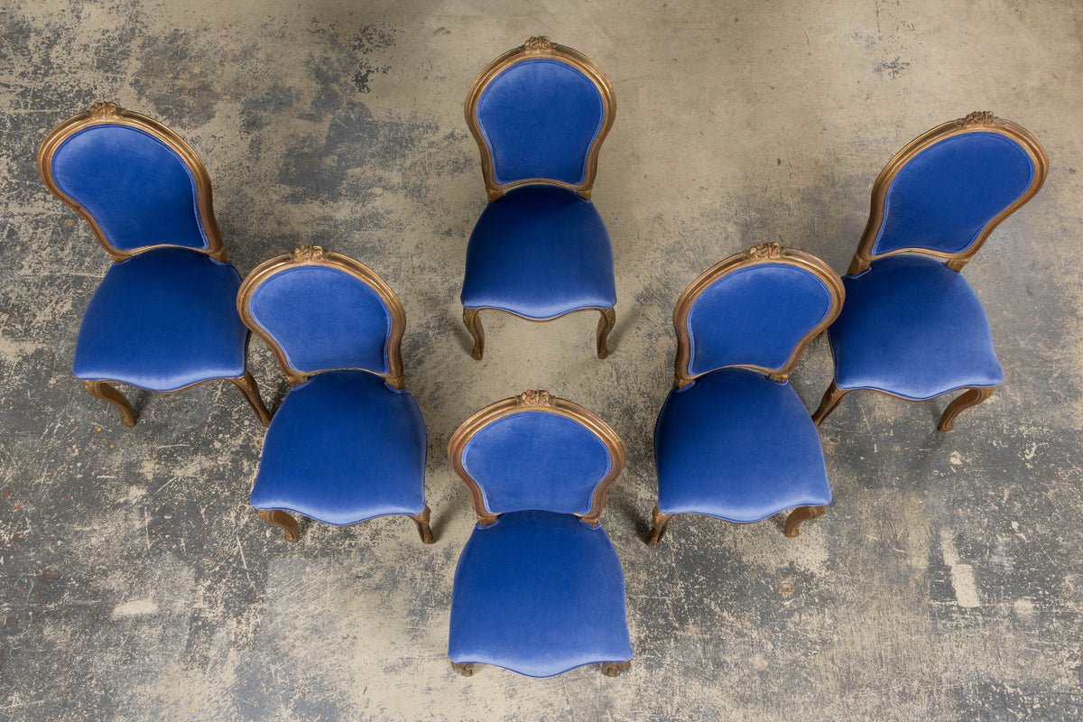 Antique French Louis XV Style Giltwood Dining Chairs in Cobalt Blue Velvet - Set of 6