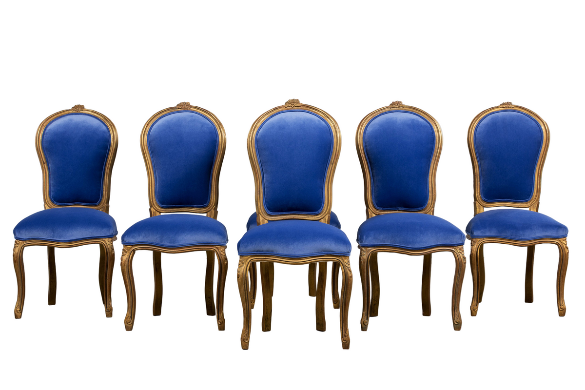 Antique French Louis XV Style Giltwood Dining Chairs in Cobalt Blue Velvet - Set of 6