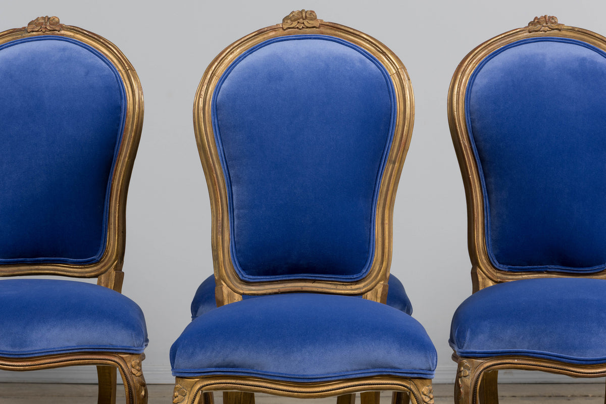 Antique French Louis XV Style Giltwood Dining Chairs in Cobalt Blue Velvet - Set of 6