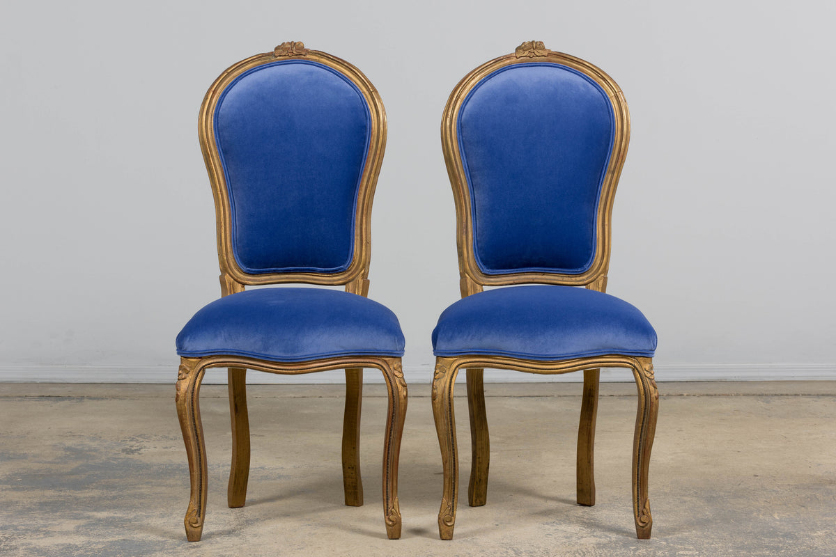 Antique French Louis XV Style Giltwood Dining Chairs in Cobalt Blue Velvet - Set of 6
