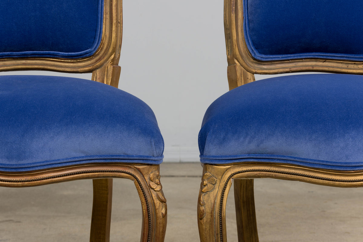 Antique French Louis XV Style Giltwood Dining Chairs in Cobalt Blue Velvet - Set of 6