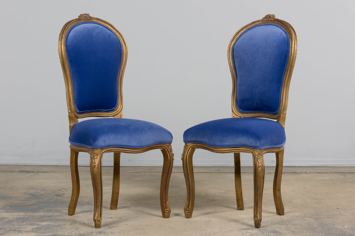 Antique French Louis XV Style Giltwood Dining Chairs in Cobalt Blue Velvet - Set of 6