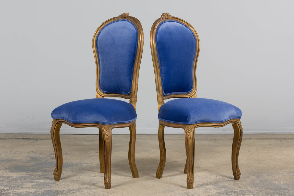 Antique French Louis XV Style Giltwood Dining Chairs in Cobalt Blue Velvet - Set of 6