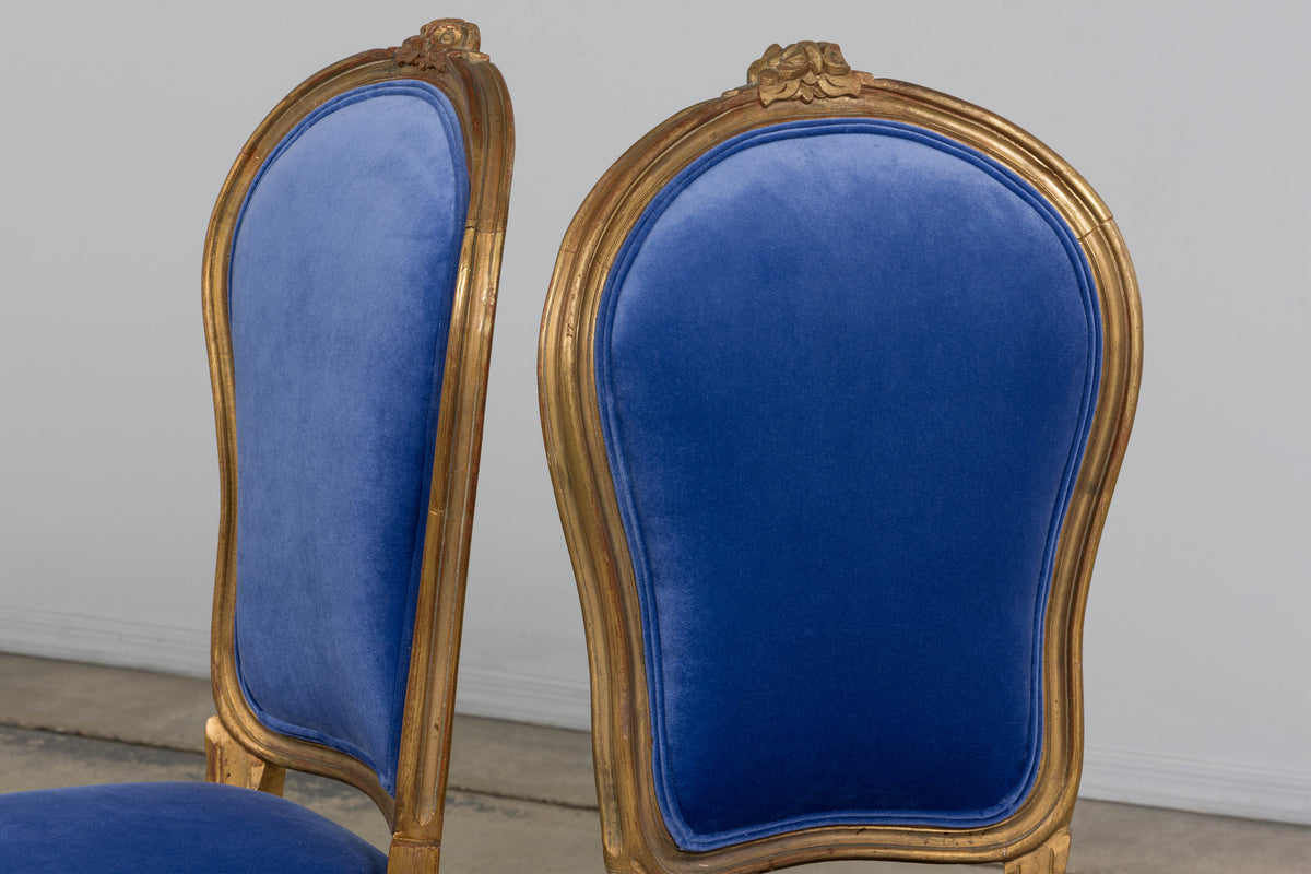 Antique French Louis XV Style Giltwood Dining Chairs in Cobalt Blue Velvet - Set of 6