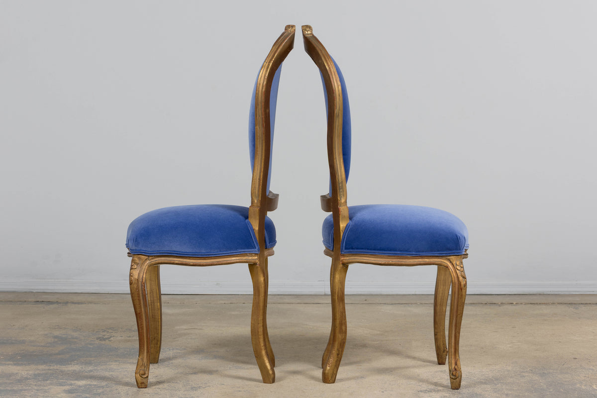 Antique French Louis XV Style Giltwood Dining Chairs in Cobalt Blue Velvet - Set of 6