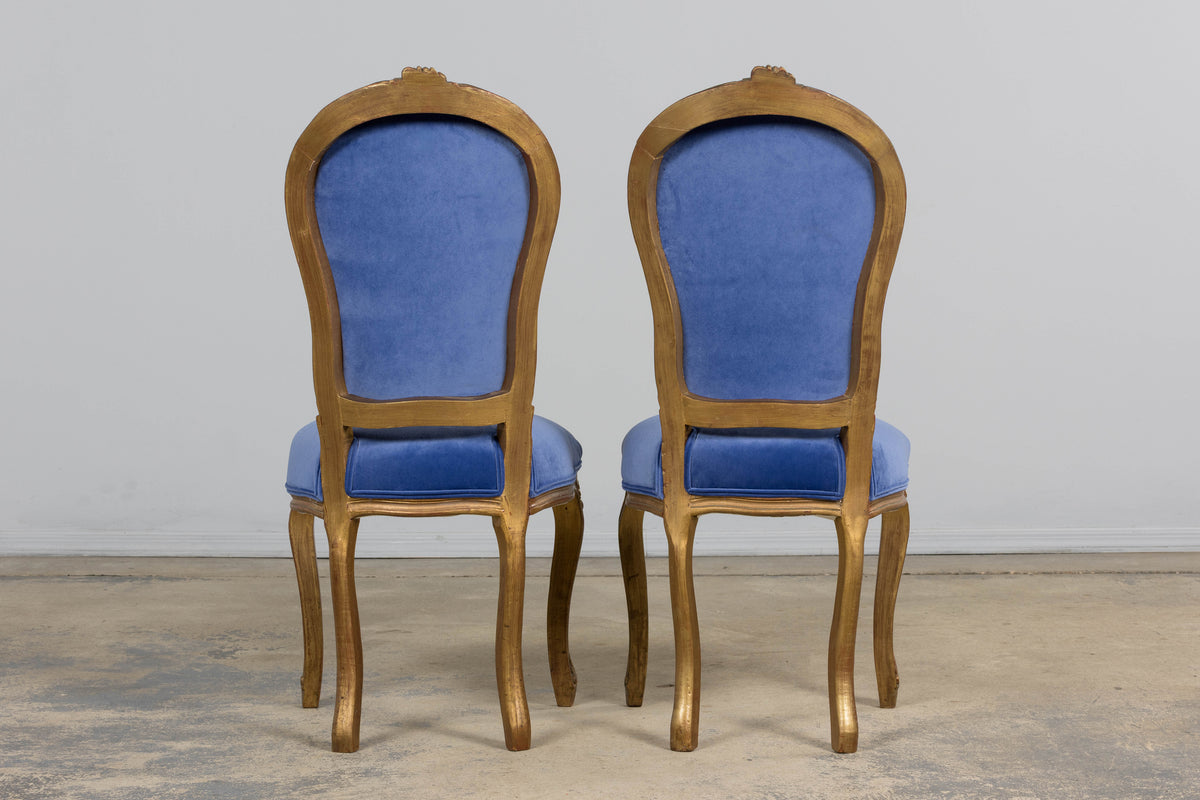 Antique French Louis XV Style Giltwood Dining Chairs in Cobalt Blue Velvet - Set of 6