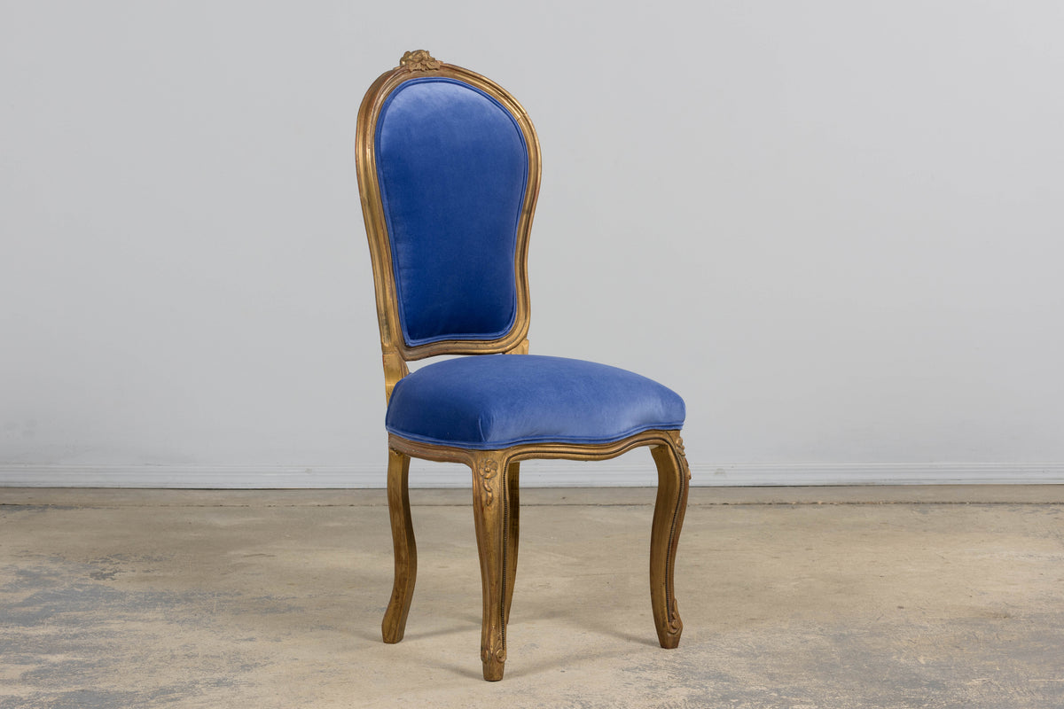 Antique French Louis XV Style Giltwood Dining Chairs in Cobalt Blue Velvet - Set of 6