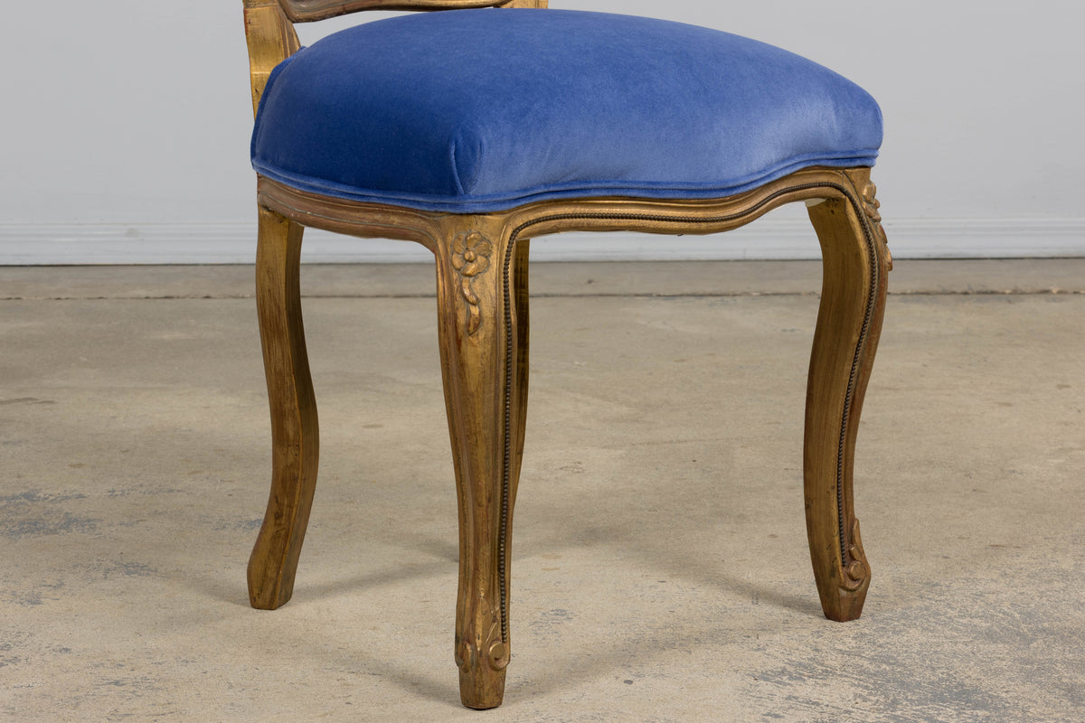 Antique French Louis XV Style Giltwood Dining Chairs in Cobalt Blue Velvet - Set of 6