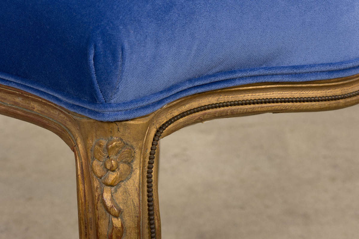 Antique French Louis XV Style Giltwood Dining Chairs in Cobalt Blue Velvet - Set of 6