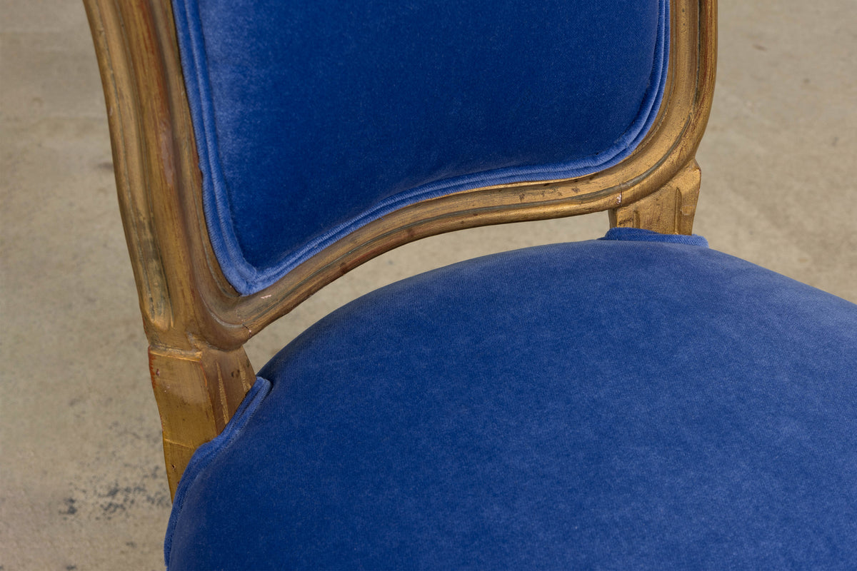 Antique French Louis XV Style Giltwood Dining Chairs in Cobalt Blue Velvet - Set of 6