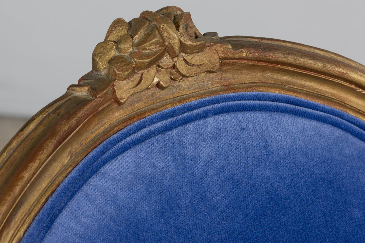 Antique French Louis XV Style Giltwood Dining Chairs in Cobalt Blue Velvet - Set of 6