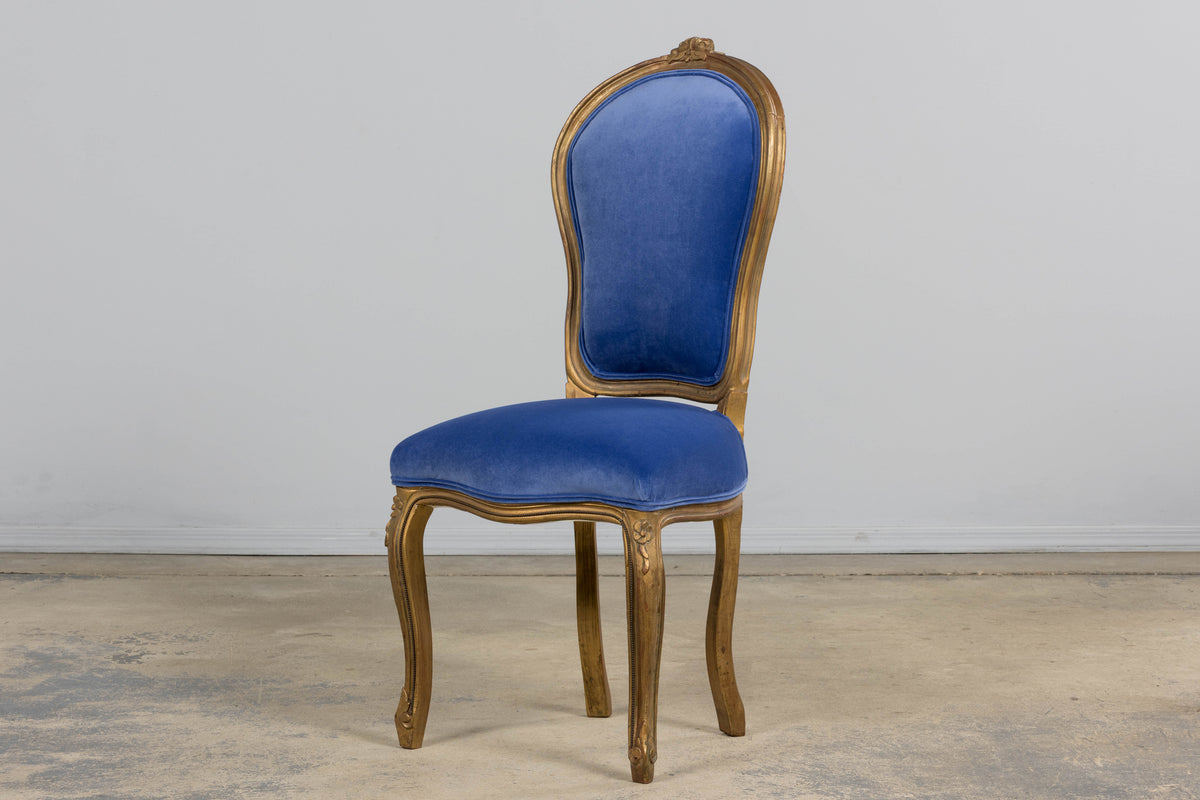 Antique French Louis XV Style Giltwood Dining Chairs in Cobalt Blue Velvet - Set of 6