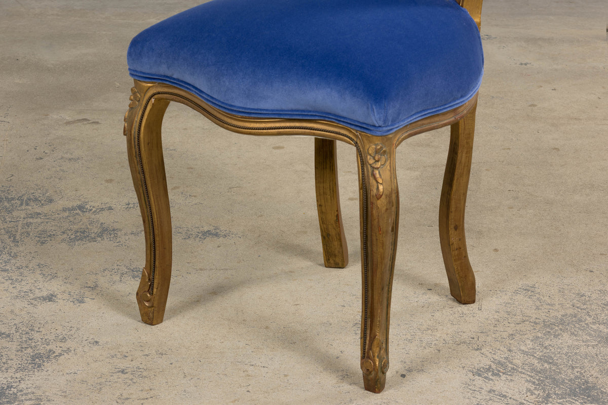 Antique French Louis XV Style Giltwood Dining Chairs in Cobalt Blue Velvet - Set of 6