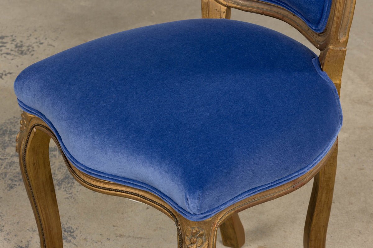 Antique French Louis XV Style Giltwood Dining Chairs in Cobalt Blue Velvet - Set of 6