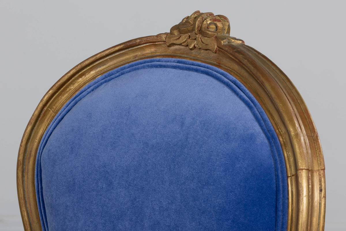 Antique French Louis XV Style Giltwood Dining Chairs in Cobalt Blue Velvet - Set of 6