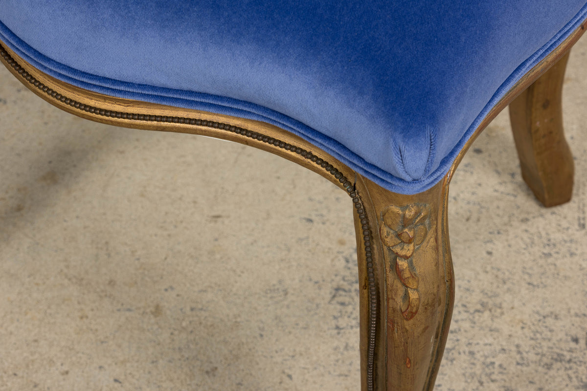 Antique French Louis XV Style Giltwood Dining Chairs in Cobalt Blue Velvet - Set of 6