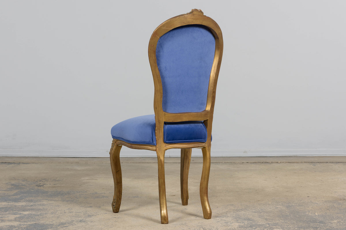 Antique French Louis XV Style Giltwood Dining Chairs in Cobalt Blue Velvet - Set of 6