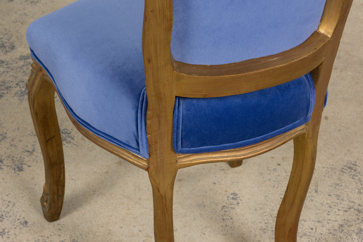 Antique French Louis XV Style Giltwood Dining Chairs in Cobalt Blue Velvet - Set of 6