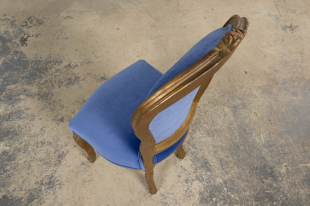 Antique French Louis XV Style Giltwood Dining Chairs in Cobalt Blue Velvet - Set of 6