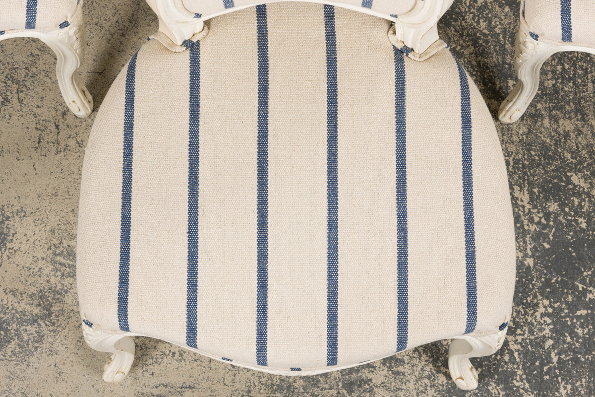 Antique French Louis XV Style Painted Provincial Dining Chairs in Striped Jacquard – Set of 8