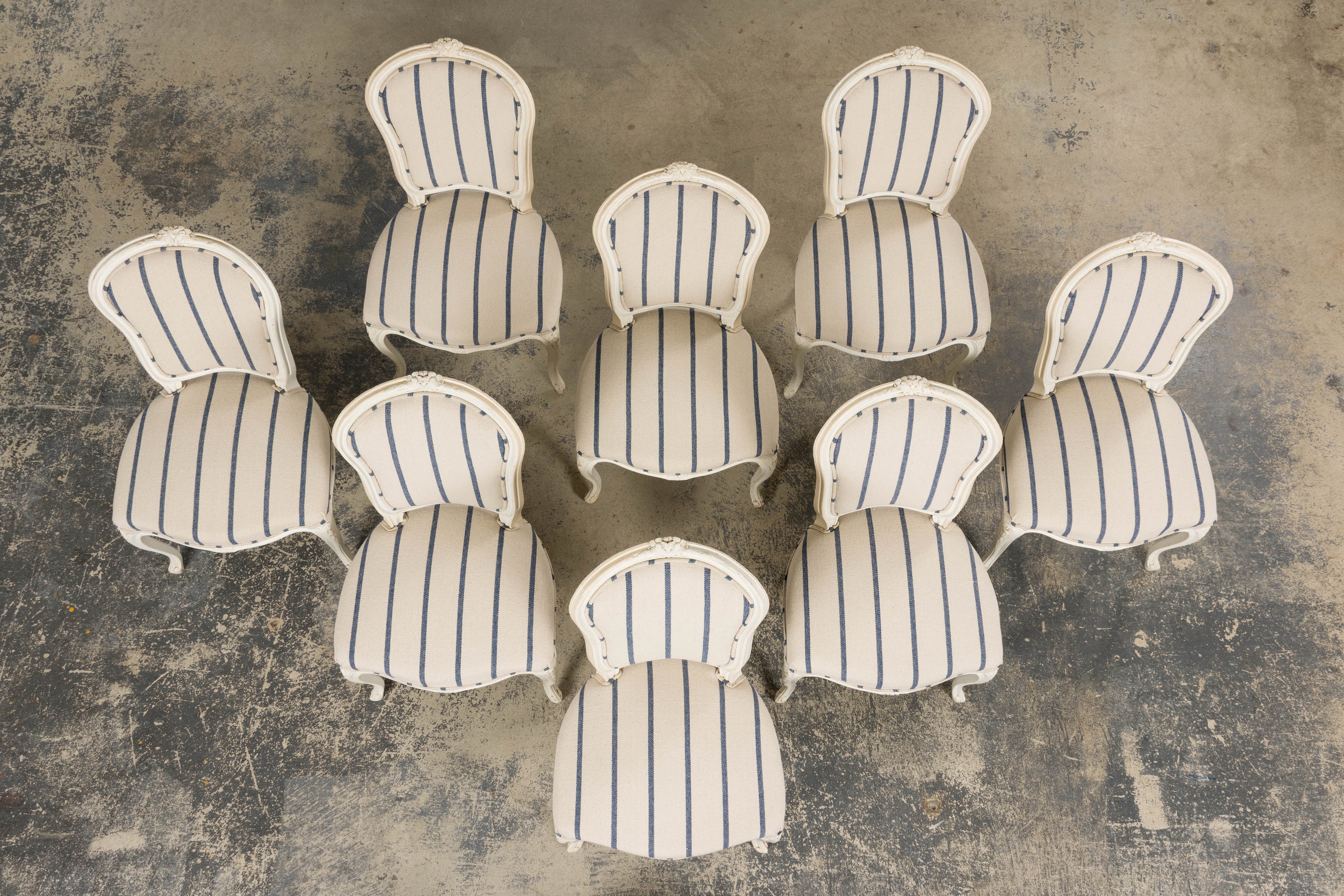 Antique French Louis XV Style Painted Provincial Dining Chairs in Striped Jacquard – Set of 8