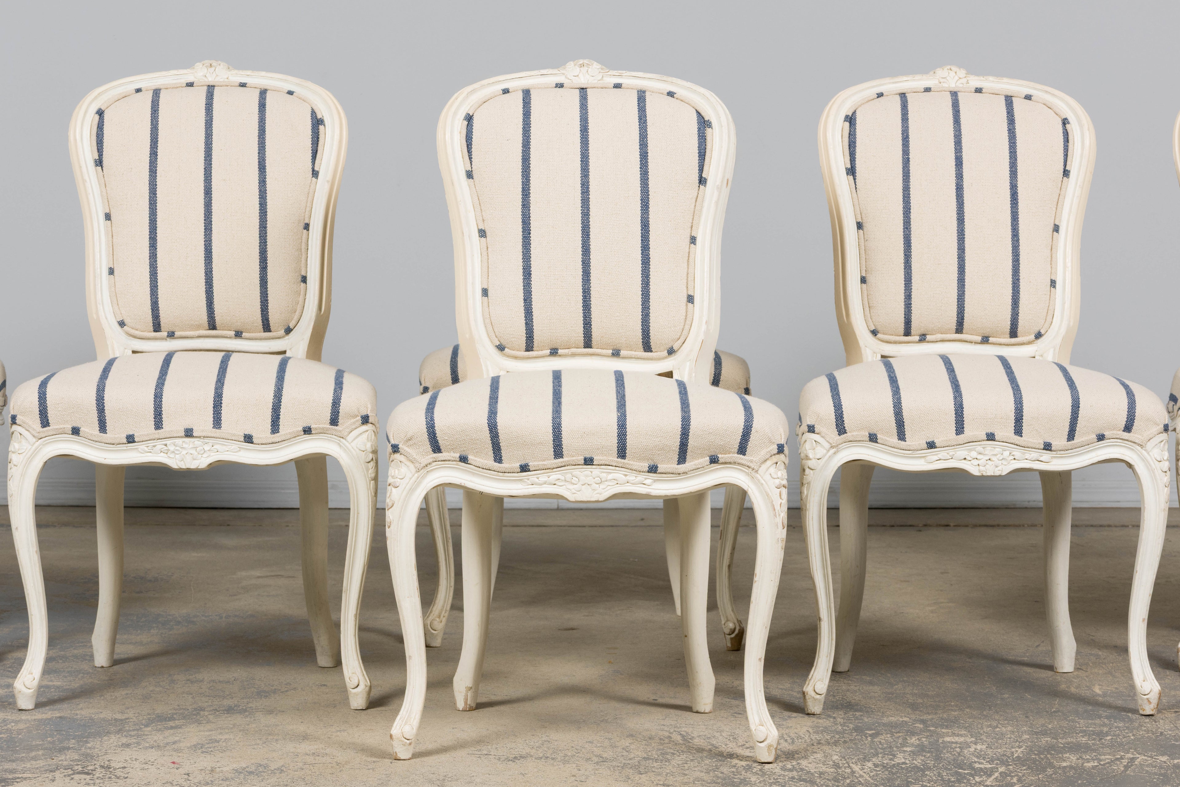 Antique French Louis XV Style Painted Provincial Dining Chairs in Striped Jacquard – Set of 8