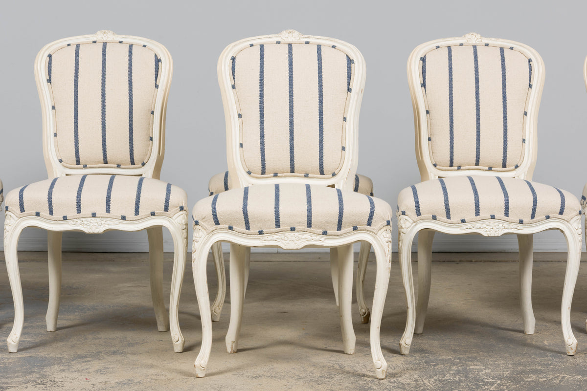 Antique French Louis XV Style Painted Provincial Dining Chairs in Striped Jacquard – Set of 8