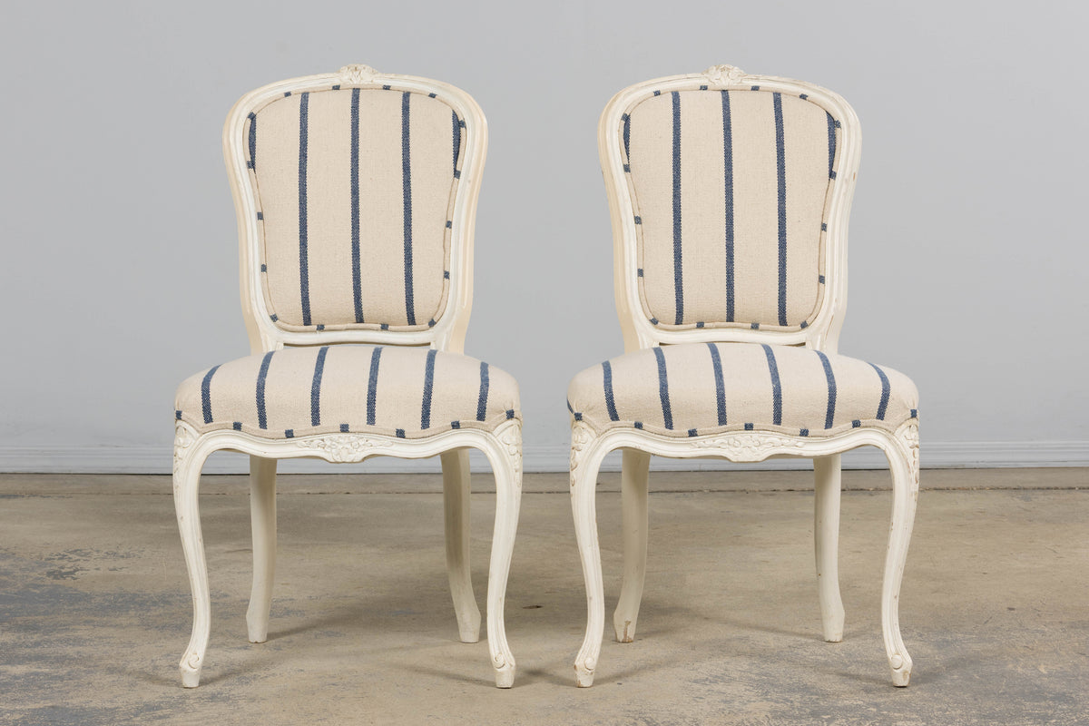 Antique French Louis XV Style Painted Provincial Dining Chairs in Striped Jacquard – Set of 8
