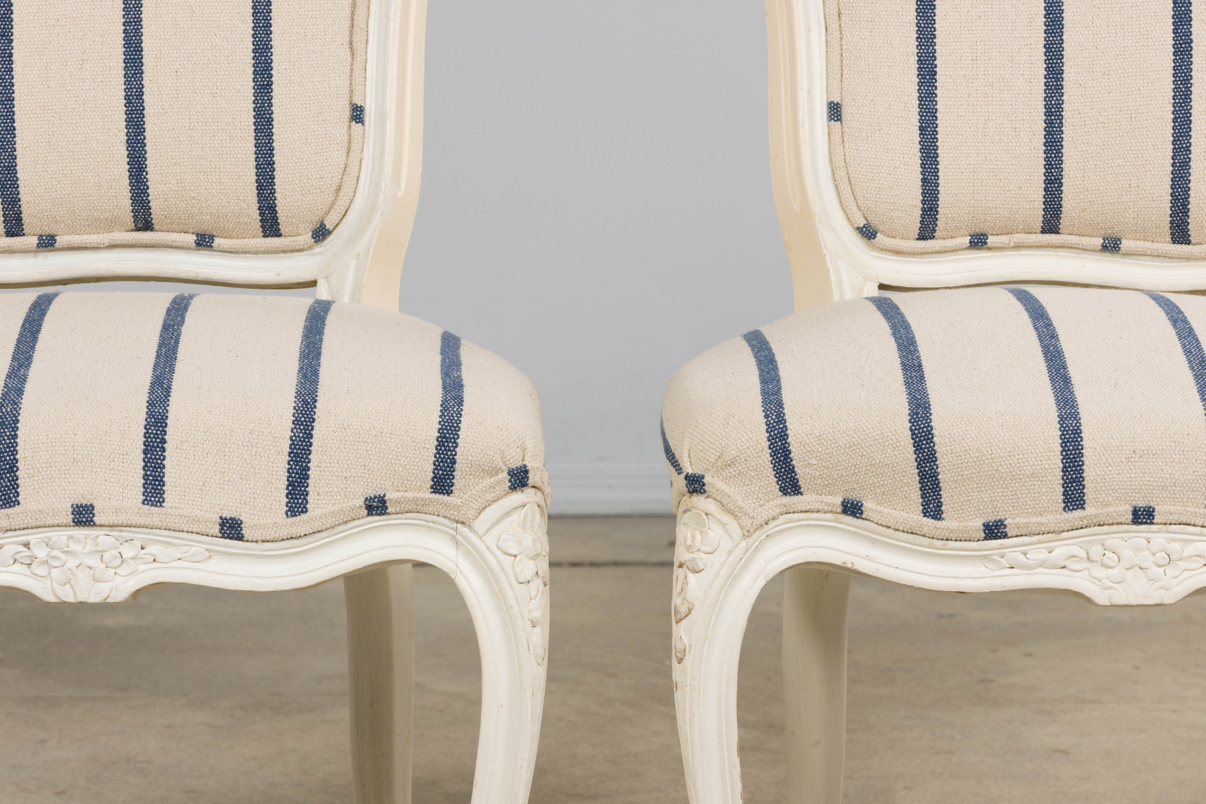 Antique French Louis XV Style Painted Provincial Dining Chairs in Striped Jacquard – Set of 8