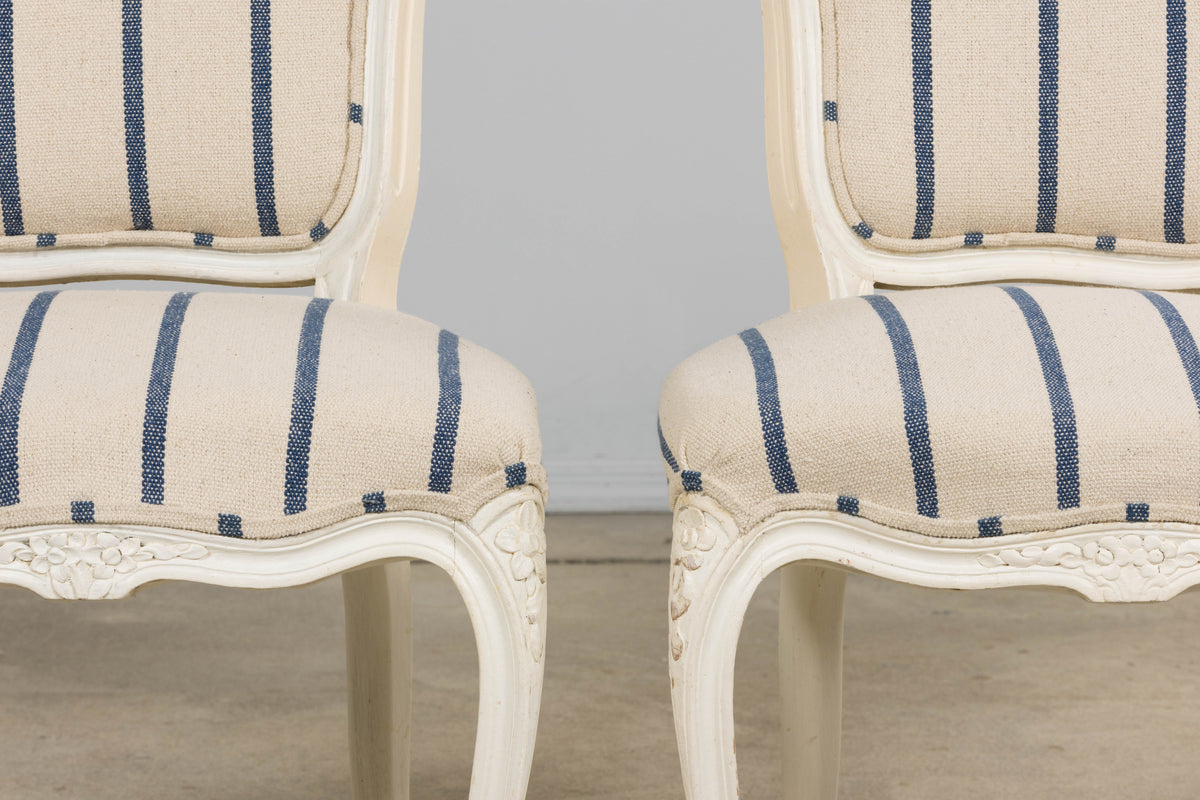 Antique French Louis XV Style Painted Provincial Dining Chairs in Striped Jacquard – Set of 8